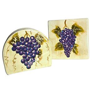 Tabletops Unlimited CABERNET Trivet And Matching Napkin Holder Hand-painted Grap